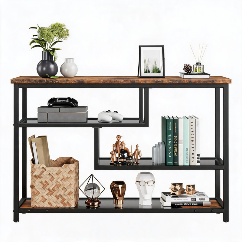 Console d'entrée en verre trempé avec structure en métal et étagère en MDF - Table console étroite grise pour couloir, salon, entrée d'appartement - Table de rangement moderne pour la décoration