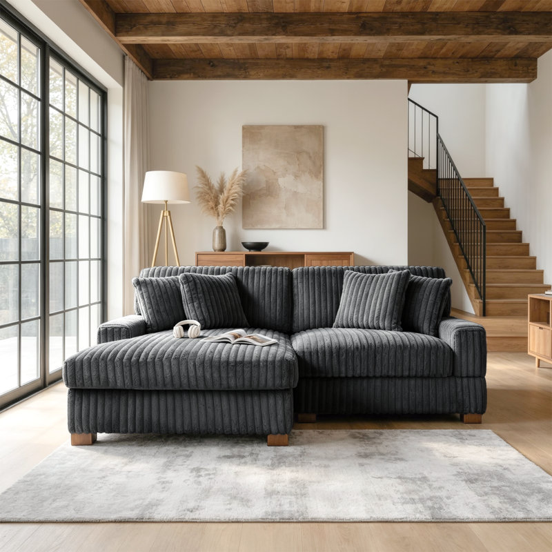2 - Piece Upholstered Gray Faux Rabbit Fur Flannel Modular Sectional Sofa with Armrests & Throw Pillows