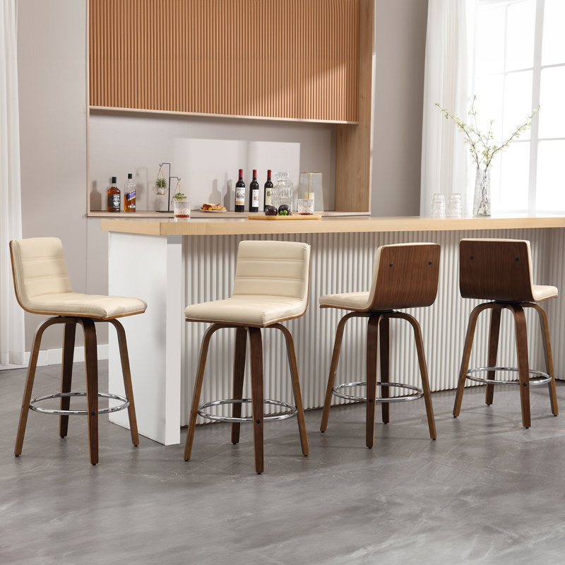 Swivel Upholstered Counter & Bar Stool With Solid Wood Frame and L-Shaped PU Leather Back, Bar Stool (29" Seat Height), Beige