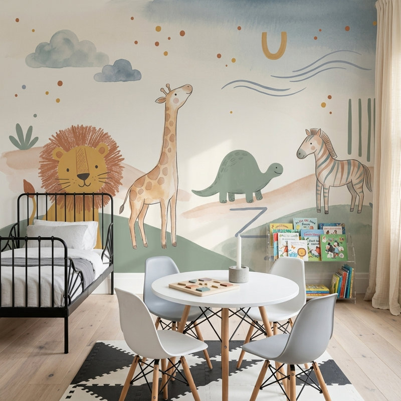 Safari, papier peint de chambre d'enfant, aquarelle, Texturé non collé, 100 po x 96 po