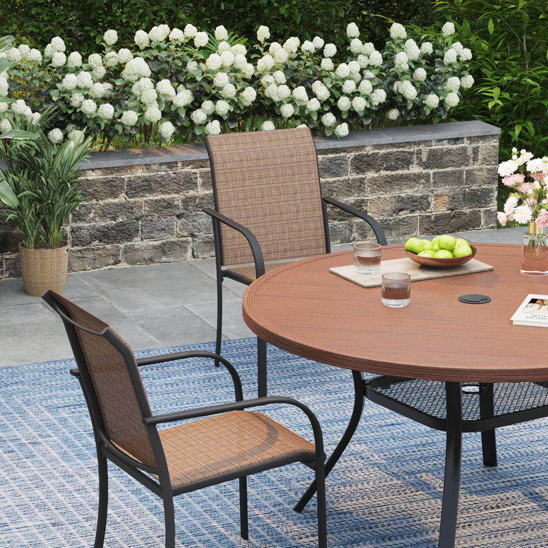 4-Person Square Patio Dining Set With Stackable PVC-coated polyester Chairs, Brush Wood Brown/Brown