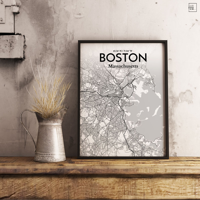 « boston city map », reproduction d’impression sur affiche en tons, H 24 po x l 18 po