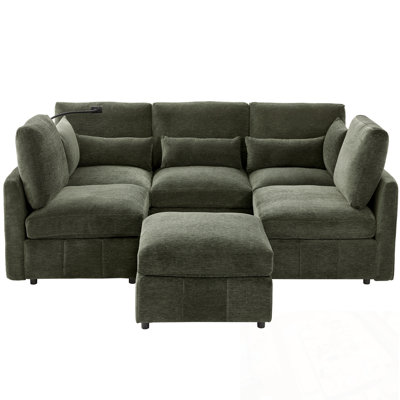 U-Shaped Sectional Sofa With Movable Ottoman, Two USB Ports And A Phone Holder