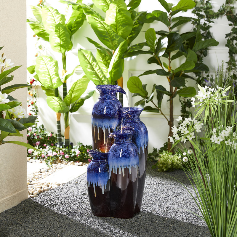 30.75"H 4-Tiered Cobalt Reactive Glaze Ceramic Vase Outdoor Floor Fountain With Pump And LED Light (KD), Blue