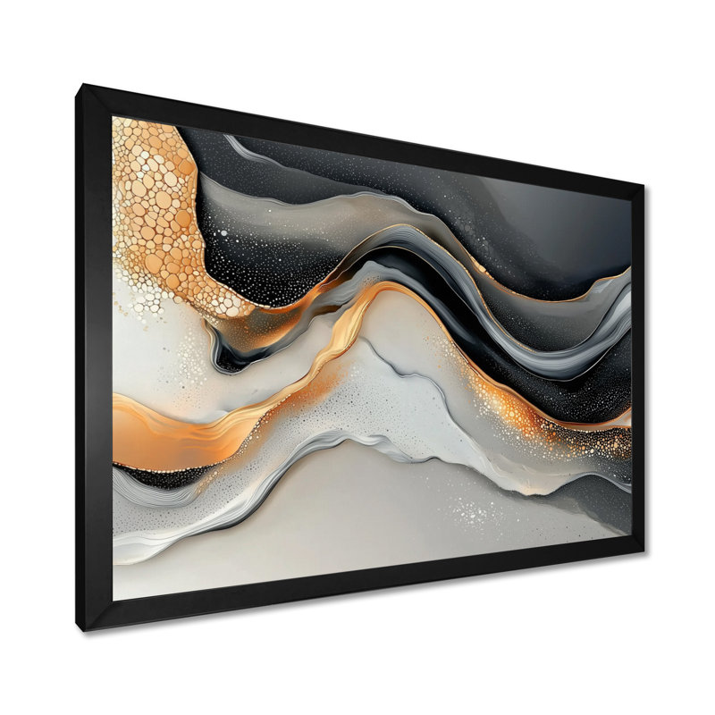Impression sur toile transitionnelle abstraite moderne fractale dorée et grise IV, H 12 po x l 20 po, Picture Framed Print
