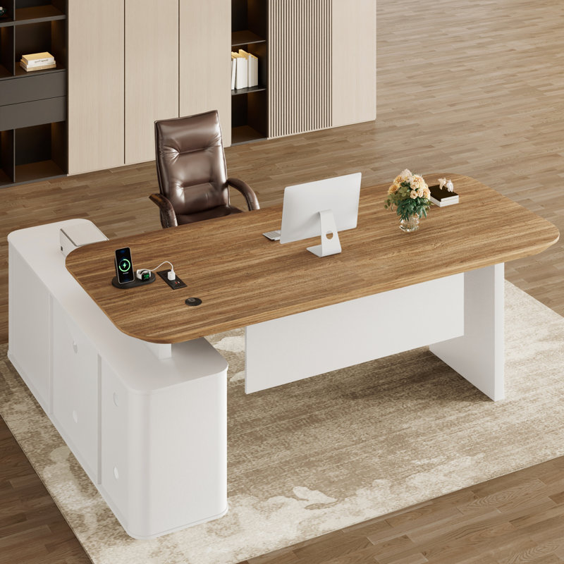 Grand bureau de direction en L de 78,7 po avec prise de courant, grand bureau avec tiroirs, tiroirs à dossiers, armoire de rangement, plateau de table épais de 1,8 po, grand bureau d'ordinateur pour le bureau personnel, blanc et noyer