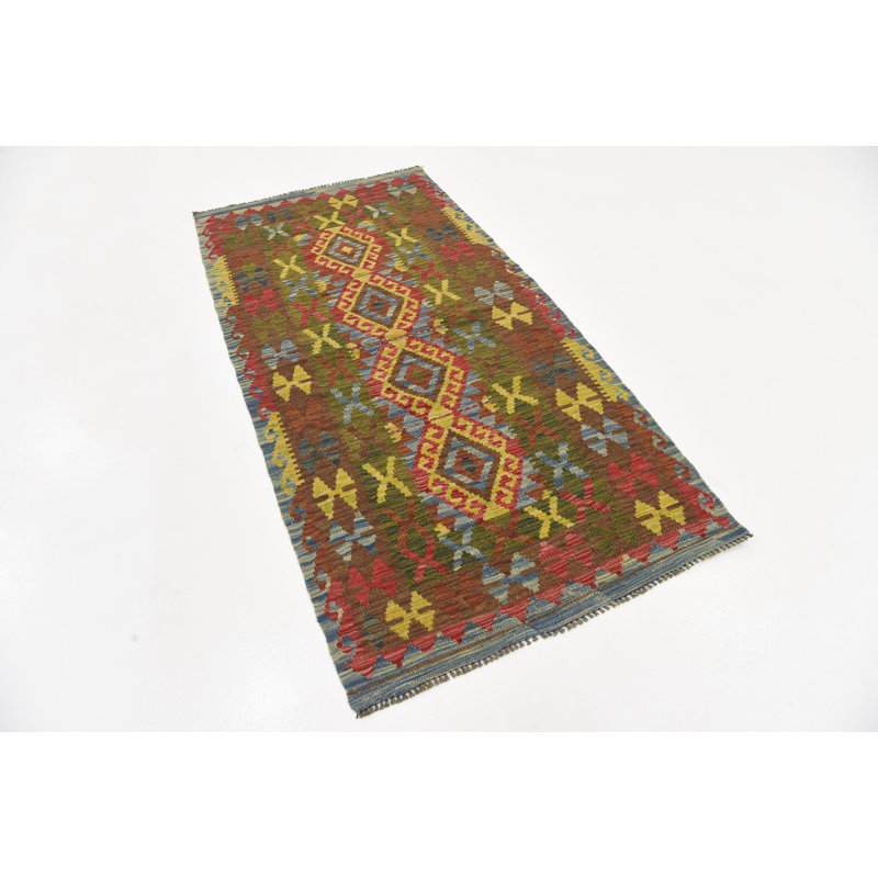 Tapis de surface en laine vert/rouge/brun 3 pi 2 po x 6 pi 2 po one-of-kind à la main noué la Doorfield