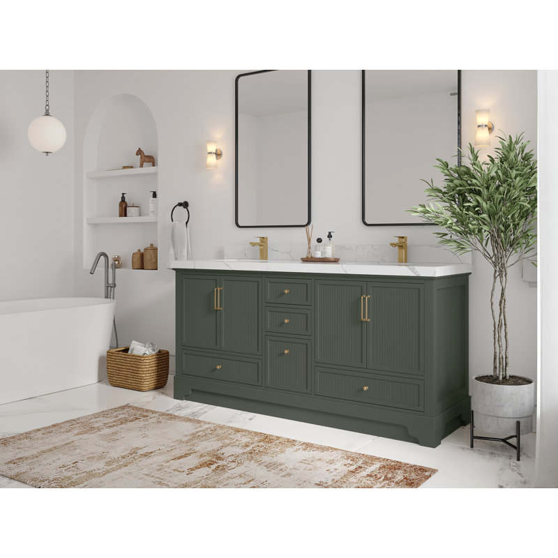 Meuble-lavabo double autoportant 72 po avec plateau en quartz Alys (option poignées)