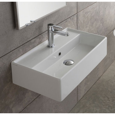 Lavabo de salle de bain mural rectangulaire standard en céramique blanche avec débordement Teorema