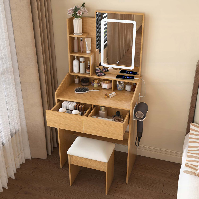 Table de coiffeuse compacte avec miroir lumineux à DEL, prise de courant, support pour sèche-cheveux et tabouret pour les petites chambres