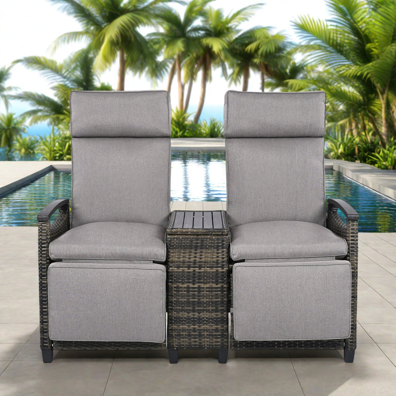 Patio Wicker Outdoor Lounge Chair Set With Adjustable Backrests And Built-in Storage Table, Brown