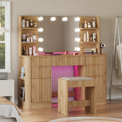 Vanity Desk with Mirror and Lights,7 RGB Drawers Vanity Table,Makeup Vanity with Charging Station & Vanity Stool,for Bedroom,Dressing Room, White