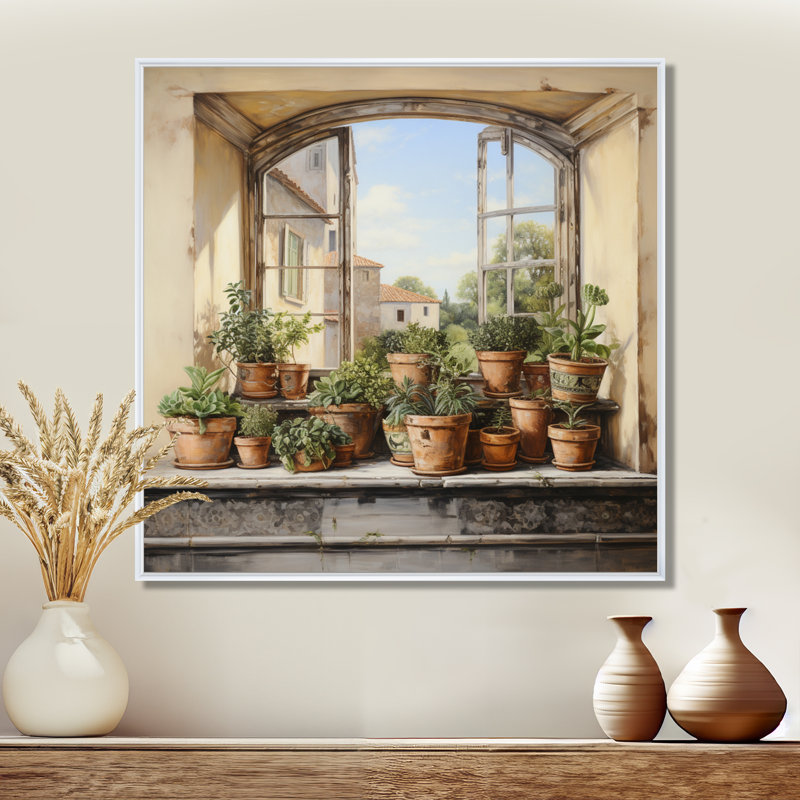 «Italian Poteries Window Charm», art mural fenêtres de ferme, H 16 po x l 16 po x P 1 po, Cadre flottant blanc