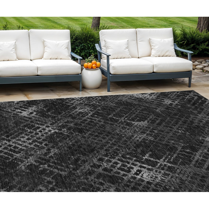Tapis extérieur lavable à motif géométrique gris anthracite et argent 9 pi x 12 pi