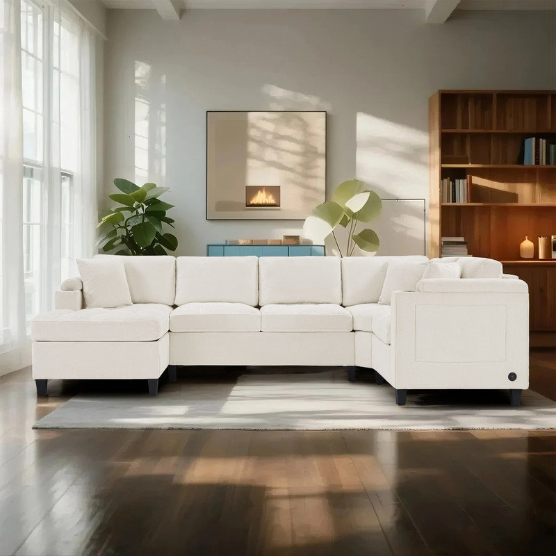Canapé modulaire moderne en U avec méridienne, Chenille beige
