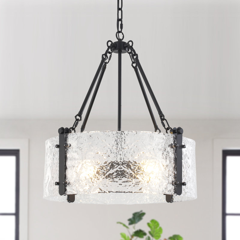 Ebern Designs Apollinaire 4-Light Matte Black Dimmable Drum Pendant with Ripple Glass, Height Adjustable Kitchen & Dining Chandelier 19.69"W