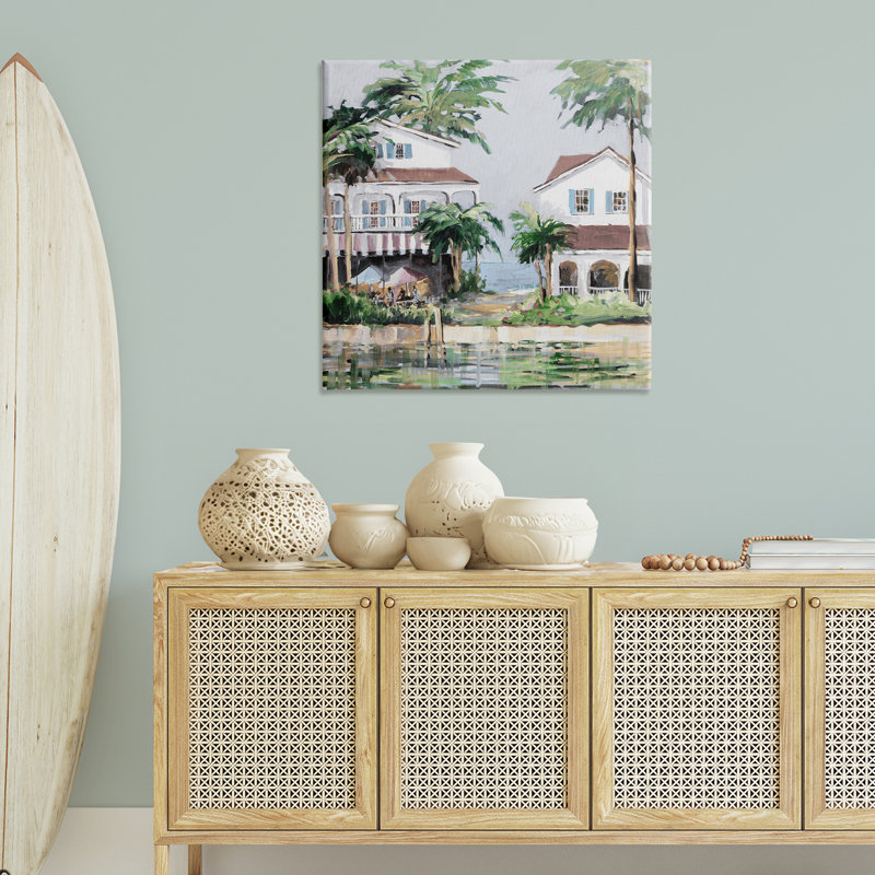 Art mural sur toile, "Coastal bay chalets" par Jane Slivka, H 36 po x l 36 po