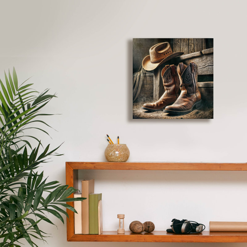 «Wester Style Decor Cowboy bottes and Hat» par Rey Klimt, art mural sur toile, H 12 po x l 12 po