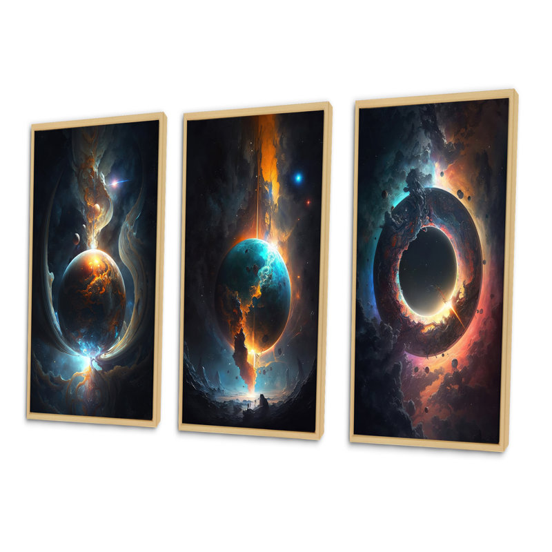 «Deep Space Planet Fusion», 3 pièces sur toile, Brun, H 32 po x l 48 po