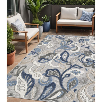 Blue Gray Jacobean Floral Indoor Outdoor Area Rug