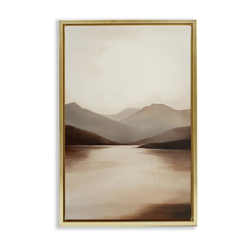 Cadre flottant Calming Mountains Brown Landscape, par Petal Prints Design, H 31 po x l 21 po, Cadre flottant métallique doré