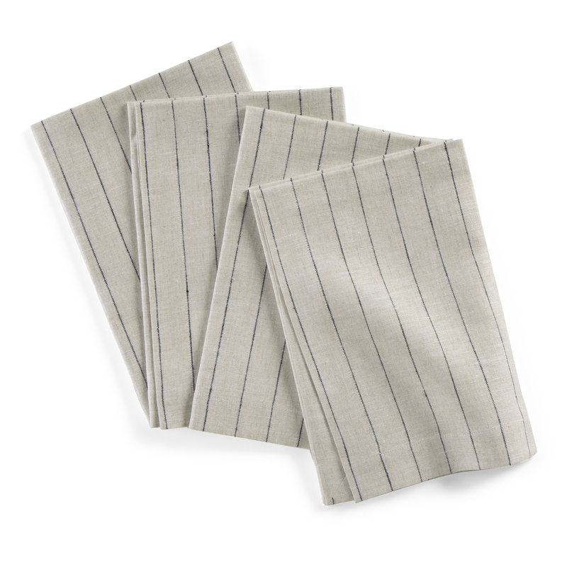 Pinstripe - 100% Pure Linen Dinner Napkins, Light Natural/Black