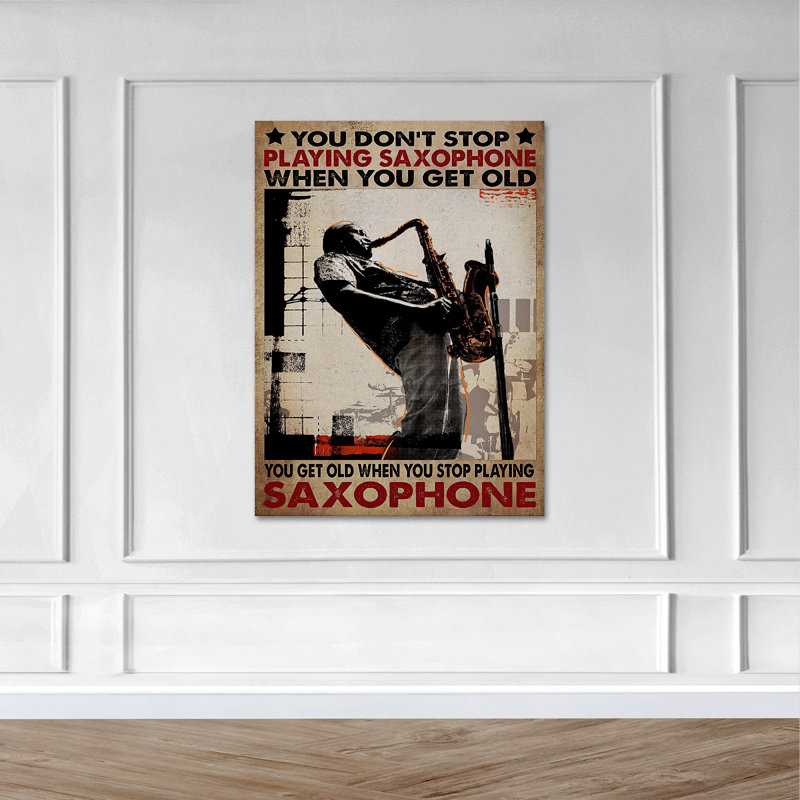 «Man jouant du saxophone - Vous ne cessez pas de jouer du saxophone lorsque vous obtenez une vieille toile tendue», Illustration musicale, décor de salon noir