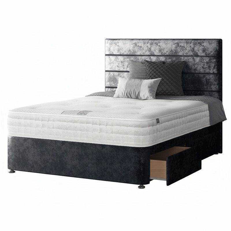 Kiara Stripped Floor Standing Headboard with Divan Base Crush Velvet and Metal Feet, Small Double (4'), Black, 4 Drawers