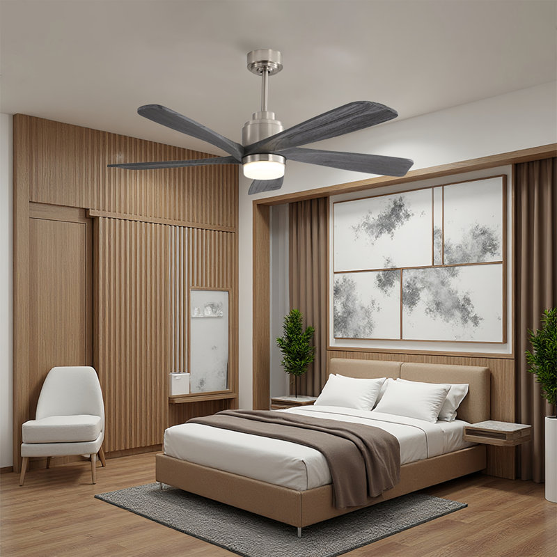  52 in. Integrated LED Indoor Downrod Mount Black Solid Wood Blades Standard Ceiling Fan with Dimmable Light, Remote