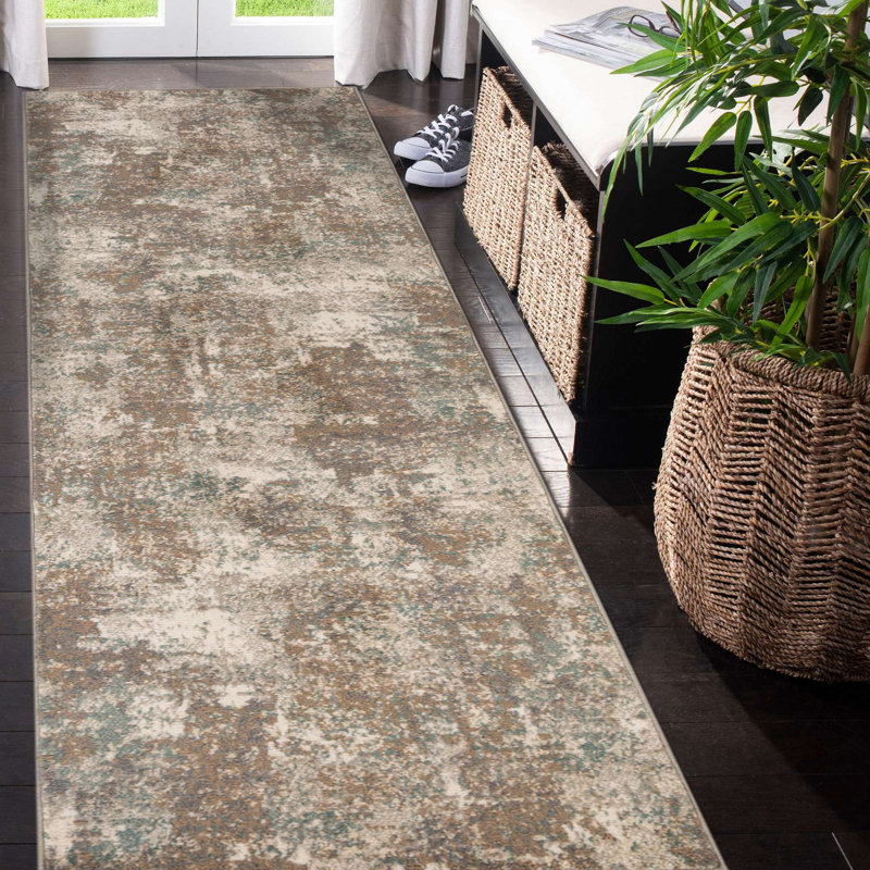 Nemohan Transitional Abstract Durable Performance Taupe/Sea Blue Area Rug, Runner 2'7" x 10'