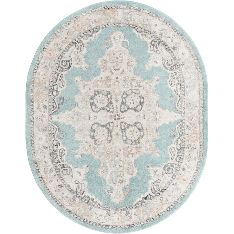 Tapis traditionnel bleu clair, Ovale 7 pi 10 po x 10 pi