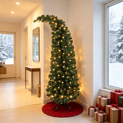Sapin de Noël haute montagne 5 pieds avec lumières incurvées pré-éclairées 5 lumières à DEL blanc chaud 8 modes d'éclairage 246 branches pour un petit support stable en métal