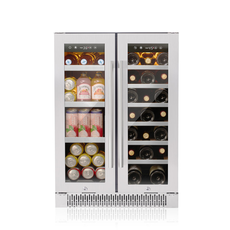 Akicon Wine And Beverage Refrigerator, 24 Inch Beverage Fridge With Glass Door, Dual Zone With 3-color Led Light, Under Counter/built-in/freestanding, Stainless Steel