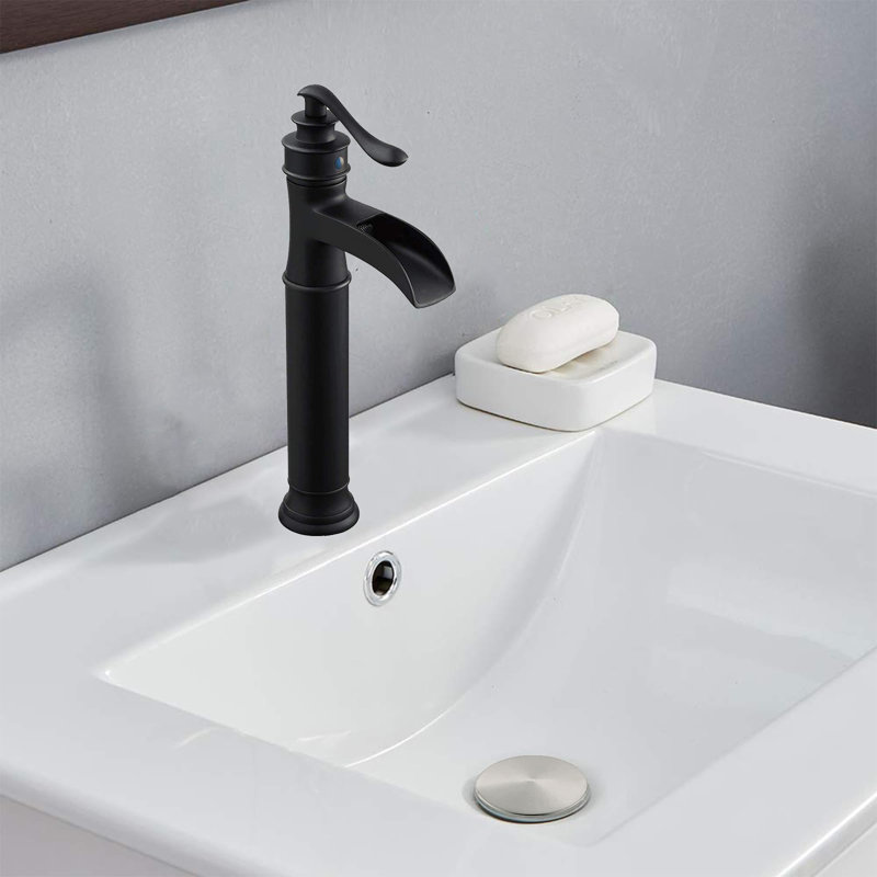 Cascade Single-Hole Waterfall Bathroom Faucet With Pop-Up Drain Supplies, Matte Black