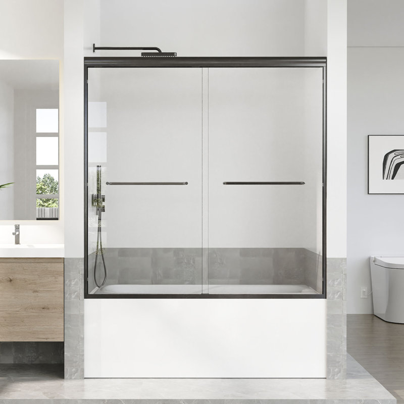 56 To 60 In. W X 60 In. H Semi Frameless Double Sliding Tub Door With 1/4 In. Tempered Clear Glass, Matte Black