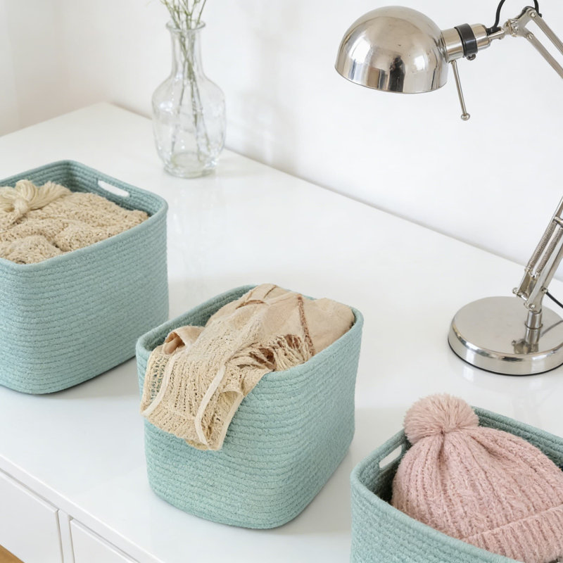 Woven Cotton Rope Storage Basket With Handles, Rectangle Organizer Bin For Shelves, Closet, Nursery, Toys, Books, And Home Decor