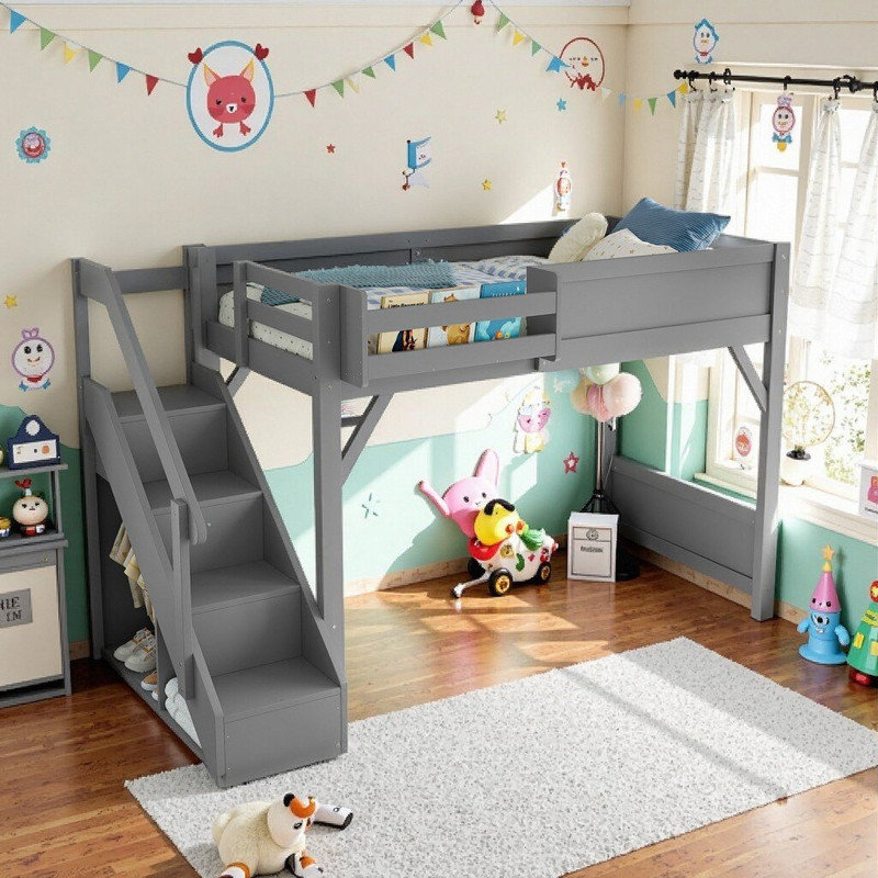 Lit mezzanine en bois massif Unarosel avec garde-robe et tablettes intégrées, Lit simple, Gris