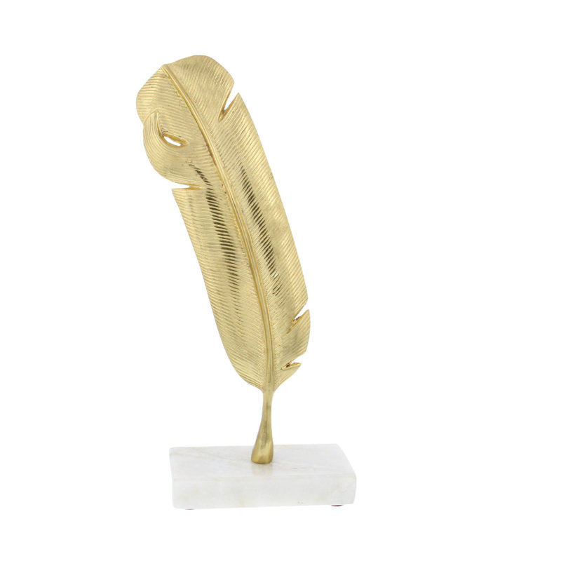 Gold Metallic Bird Feather Sculpture with Marble Base, 12" Height