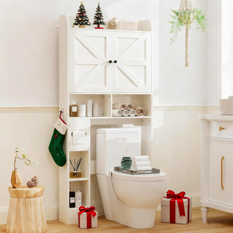 32''W Freestanding Over The Toilet Storage Cabinet, Bathroom Storage CabinetWith Adjuatable Shelevs, Barn Doors & Toilet Paper Holder, Space Saving Above Toilet Cabinet For Bathroom & Laundry