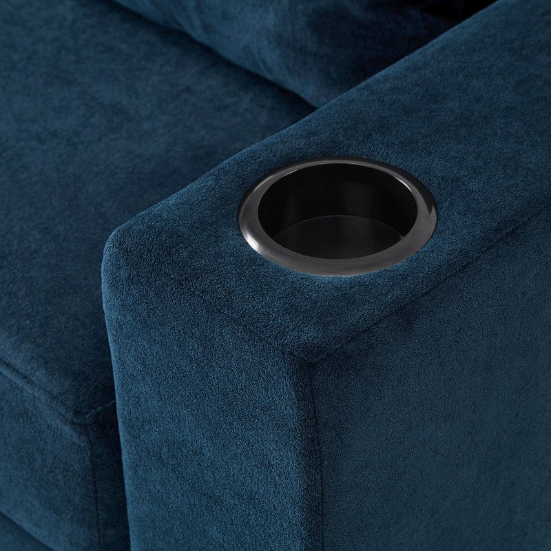 Chaise longue bleue moderne avec rangement mobile, hublots, porte-gobelets doubles et poches latérales pour un rangement caché de style urbain, compacte, compacte