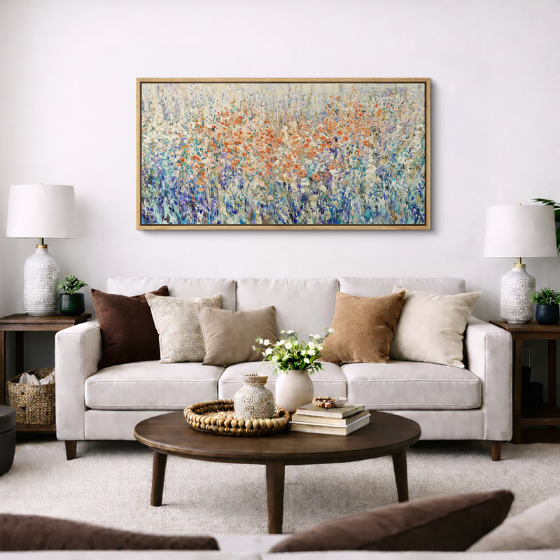 Impressionist Wildflower Meadow Field Landscape Wall Decor Extra Large Pictures Framed Canvas Print Wall Art, Natural