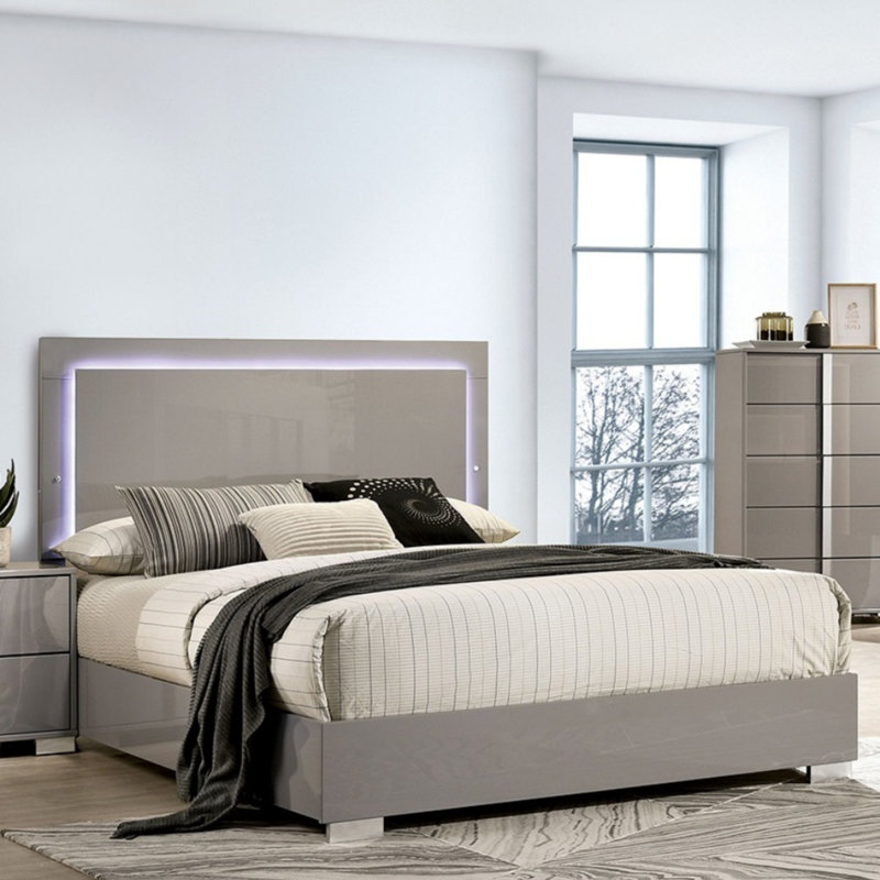 Lit contemporain avec tête de lit à DEL et finition UV, Taupe