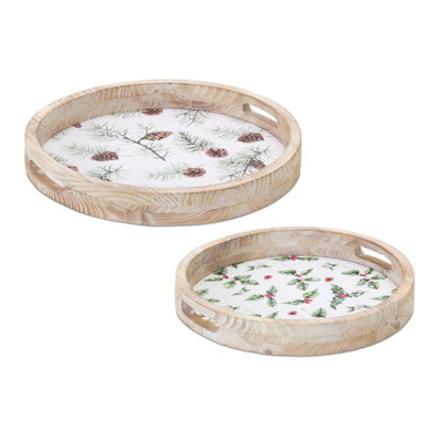 Wooden Holiday Pine & Holly Trays (Set of 2)