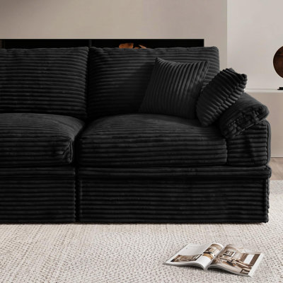 Black 3-Seat Ribbed Upholstered Sofa with Ottoman