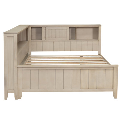 Lit de jour en bois avec tablettes de rangement et 3 tiroirs, lait blanc antique