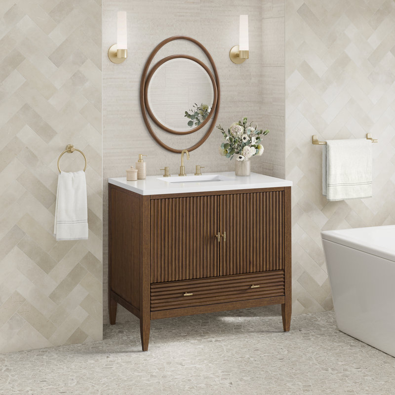Myrrin 36'' W Single Vanity, Mid-Century Walnut, White Zeus, 8" Widespread