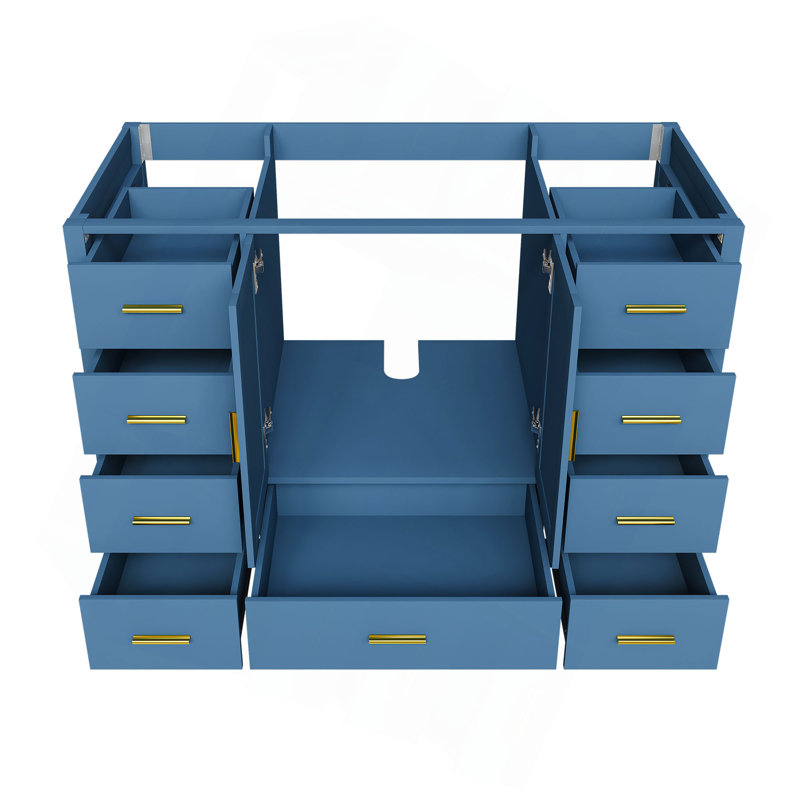 Meuble-lavabo de salle de bain de 48 pouces avec 2 portes doubles à fermeture douce et 9 tiroirs à glissière lisses, Bleu