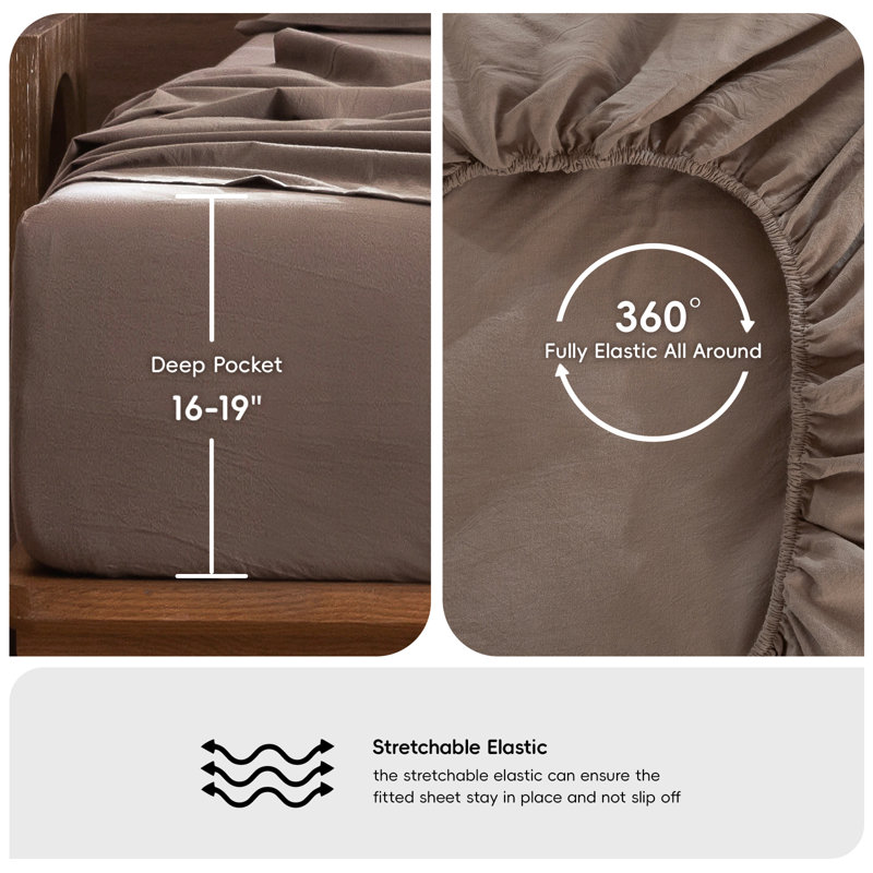100% Washed Cotton Sheet Set Extra Deep Pocket Linen Like Textured, King Sheet Set with 2 Pillowcases, Brown
