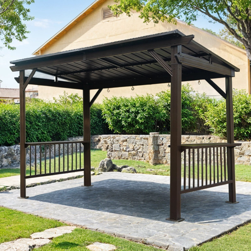 Outdoor BBQ Gazebo 6.5x12FT Hardtop w/ 2 Side Shelves, Steel Roof & Ceiling Hooks for Patio, Backyard, Brown