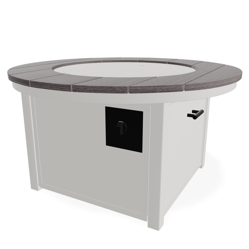 42" Round Rustic Polymer Fire Table with Propane Shelf, Snow/Laguna
